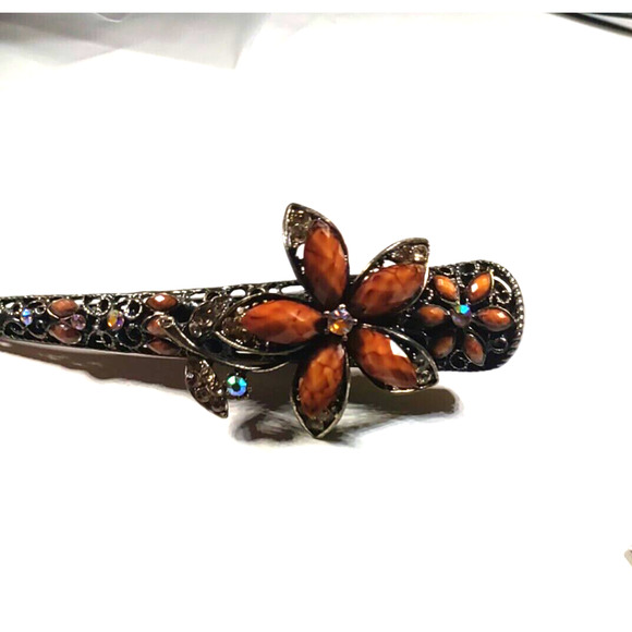 Barrette Hair Clip Large 5" X 11/2" Copper Tone Brown Plastic Beading - Picture 2 of 10